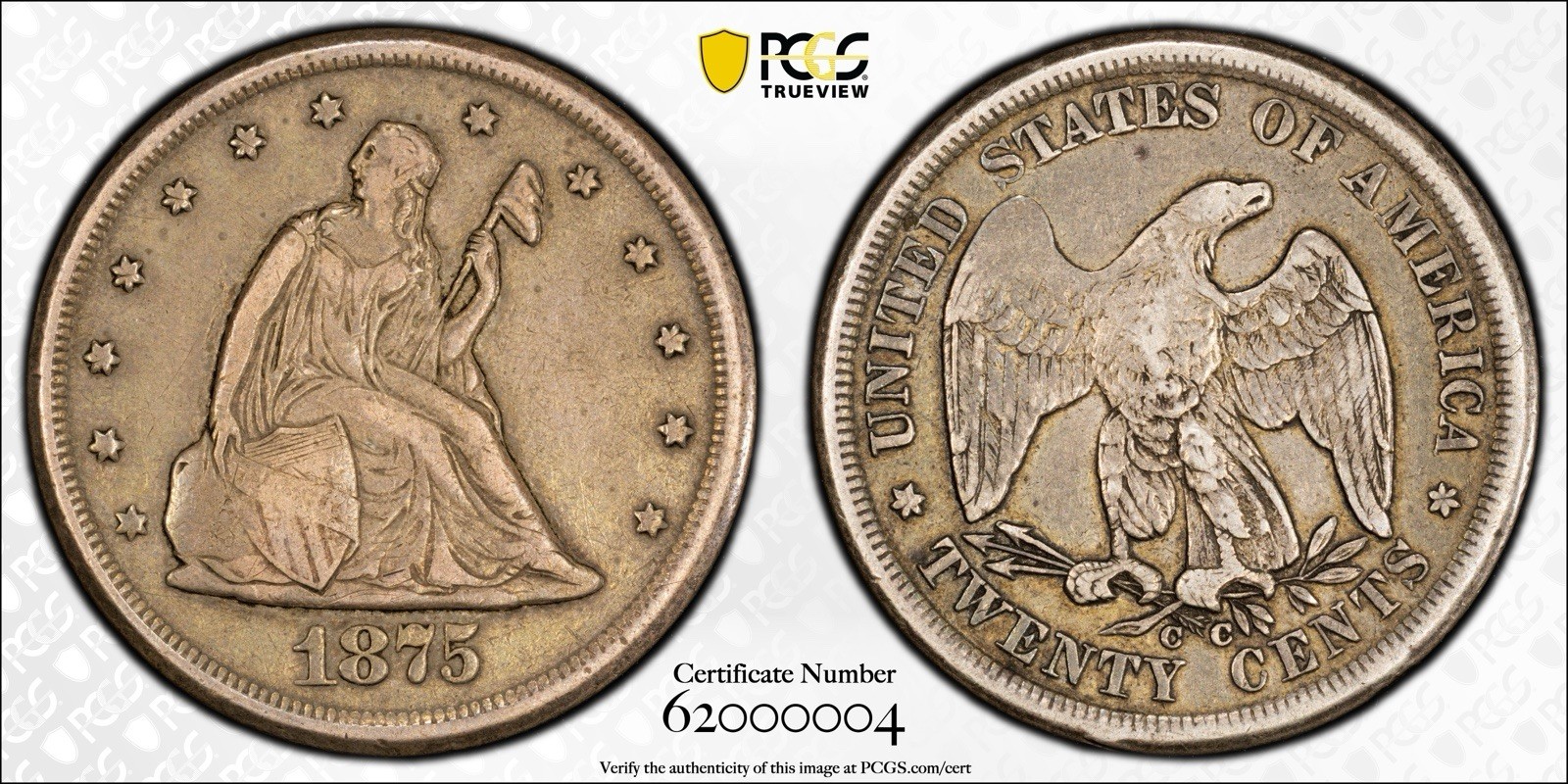 1875-CC PCGS XF40 Twenty Cent Piece, U.S. 20c Type Coin Extra Fine