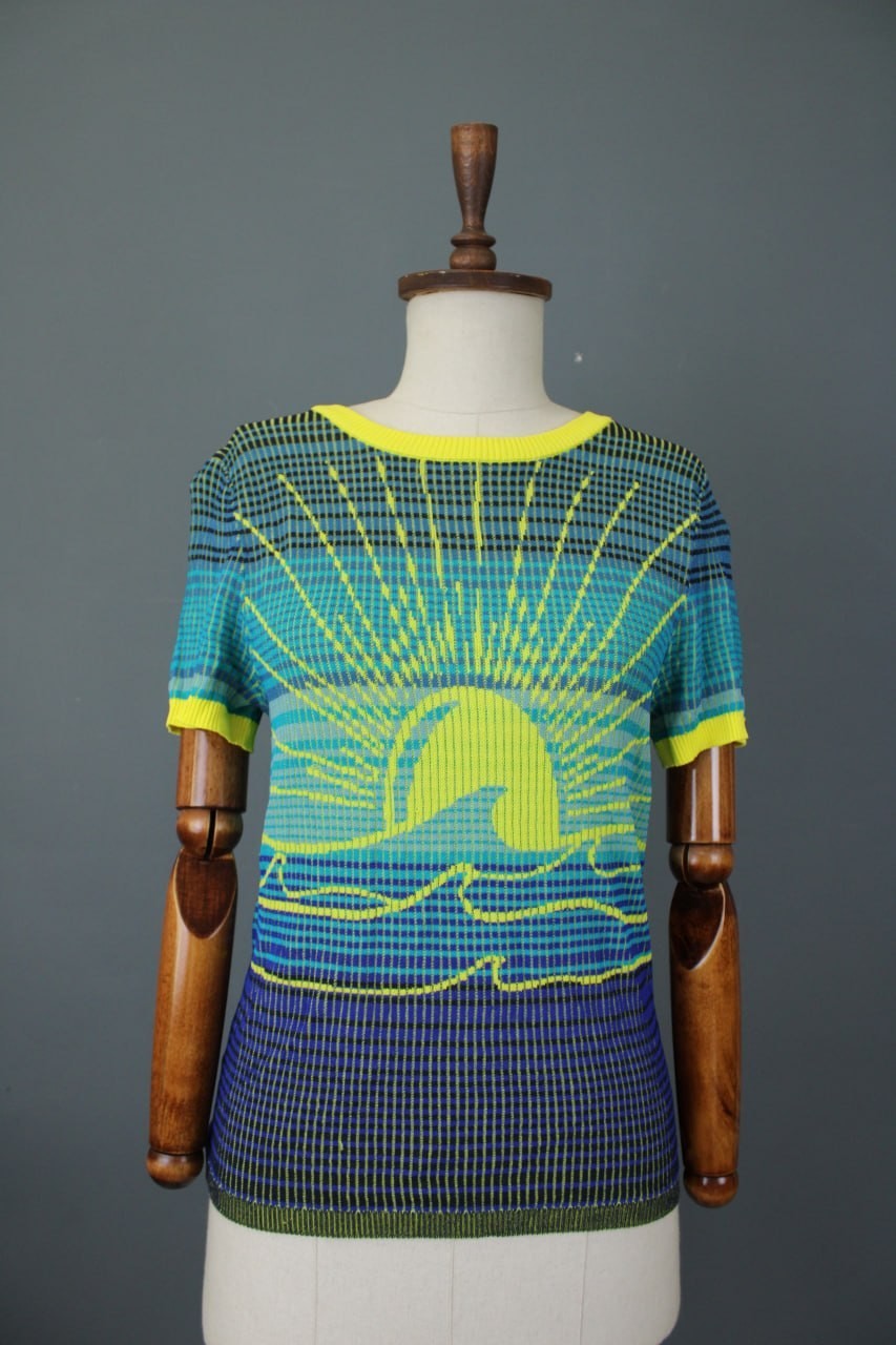 Desigual Multicolor Sunray Wave Graphic Knit Short Sleeve Crew Neck Top Size M