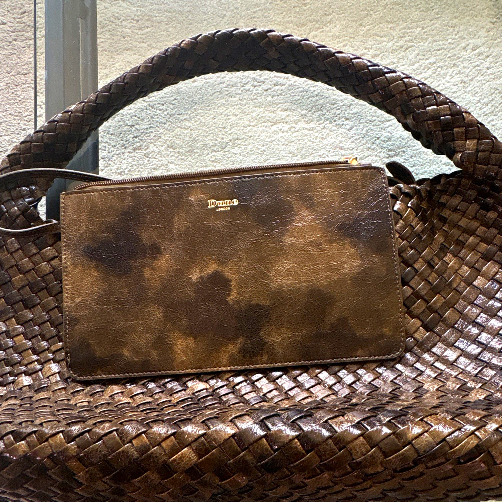 Dune London Green/Brown Woven Leather Tote Handbag w/ Zip Pouch Insert, Gold HW