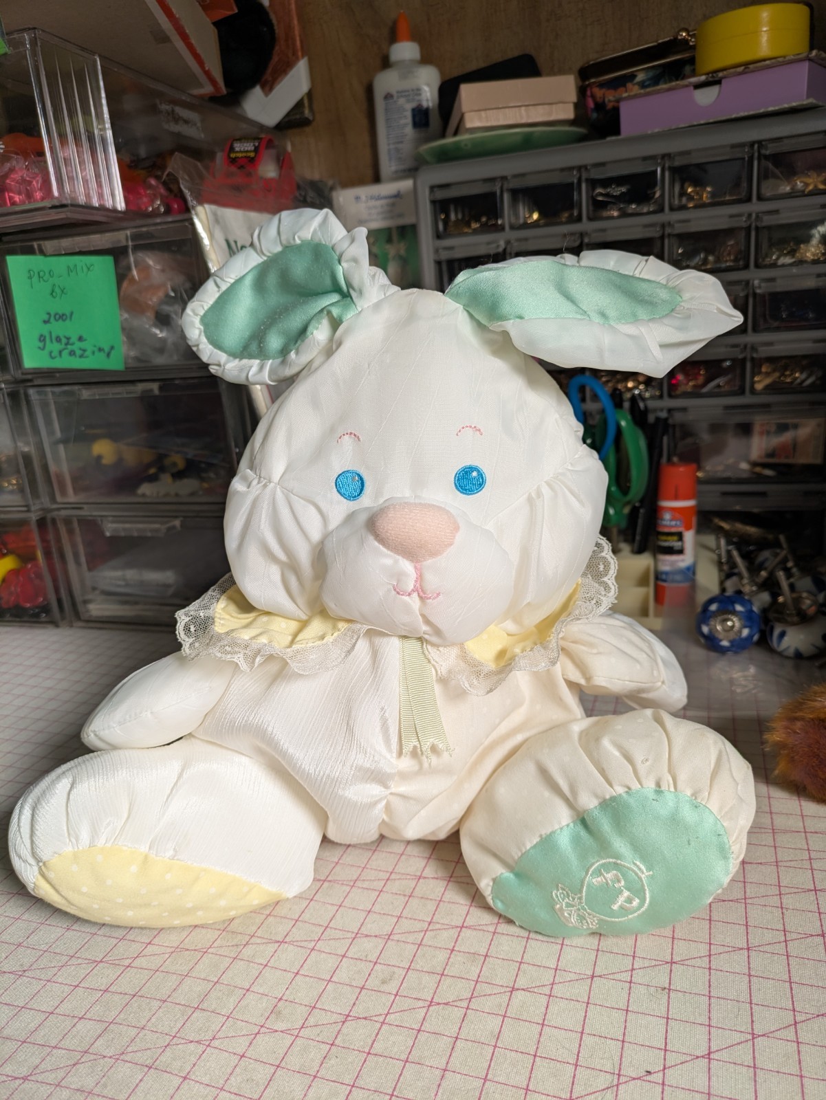 Vtg 1988 Fisher Price Puffalump Bunny Rabbit Baby Plush Doll Rattle Easter