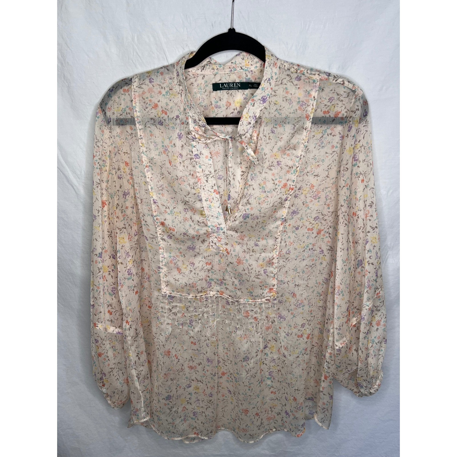 Lauren Ralph Lauren XL Floral Silky Feminine English Garden Peasant Blouse Sheer