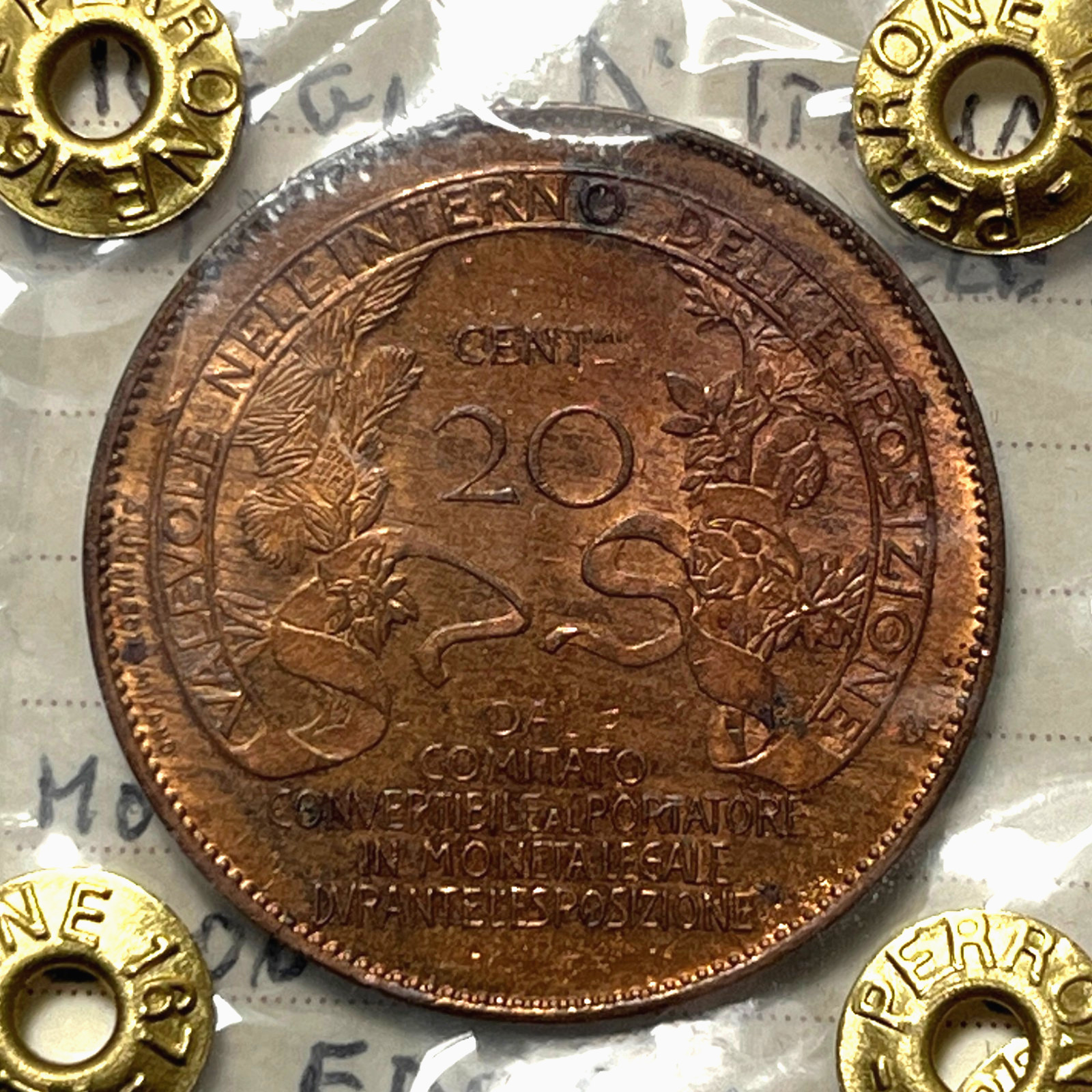 20 CENT TOKEN - 1906 - EXPO MILAN - JOHNSON - PERRONE APPRAISAL - UNC