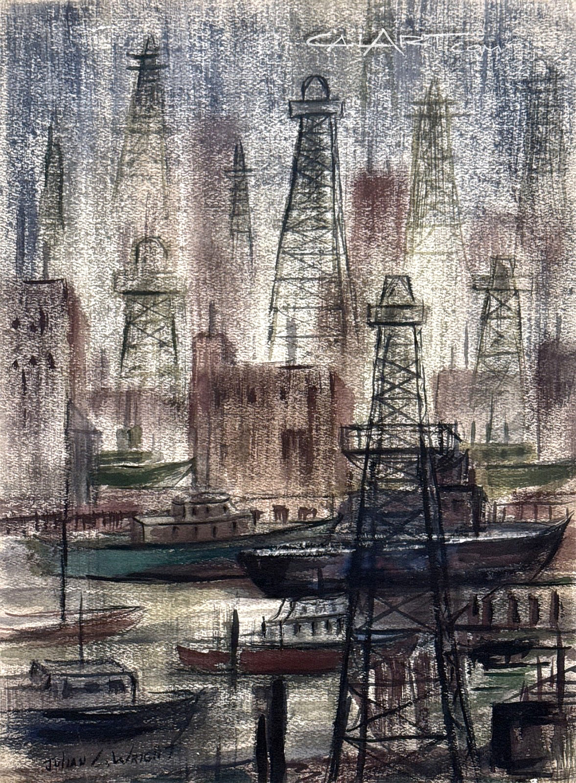 1950s Playa del Rey LA Harbor Oil Derricks Mid-Century Industrial Painting