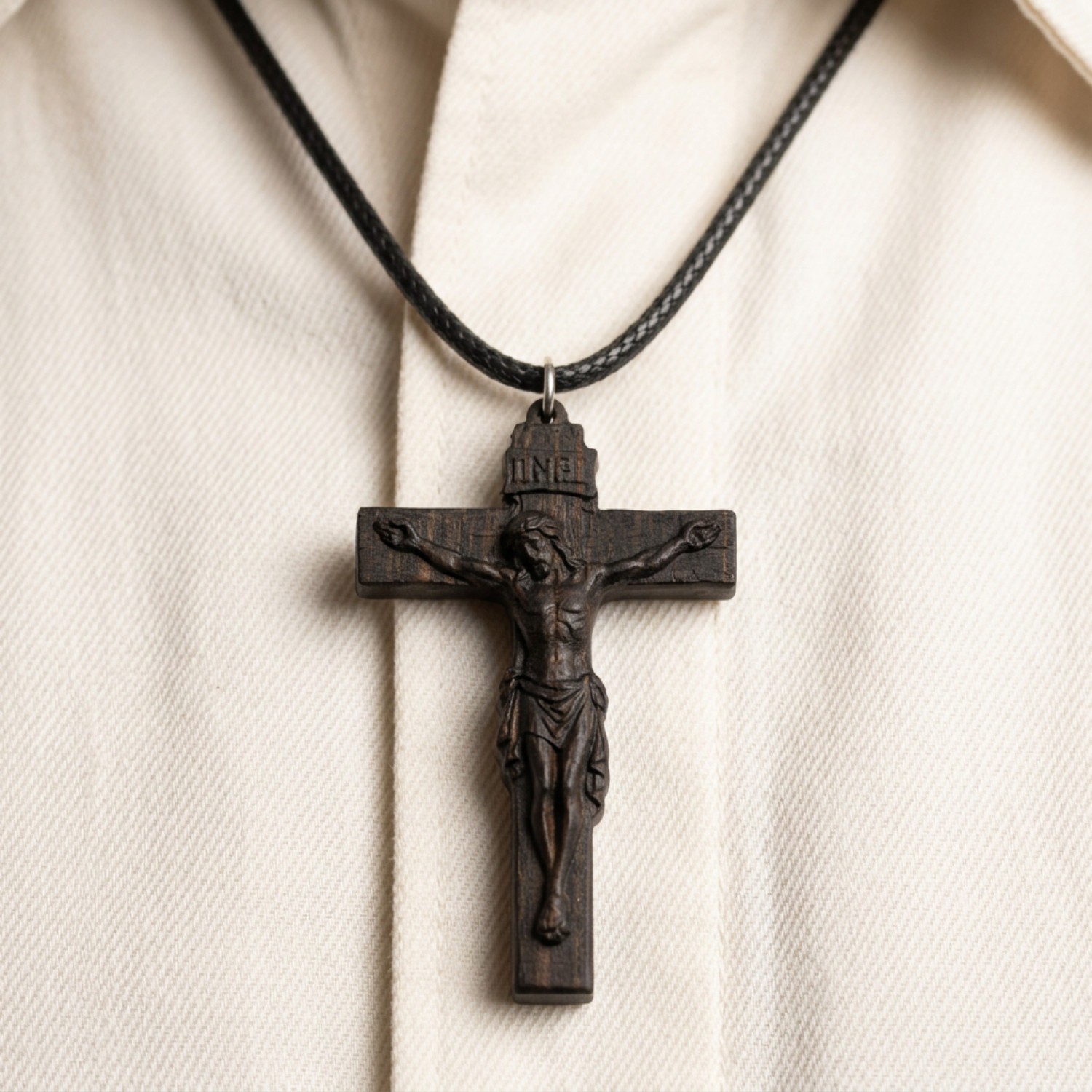 Classic Crucifix Necklace, Handcrafted Reclaimed Ebony Wood Cross Pendant