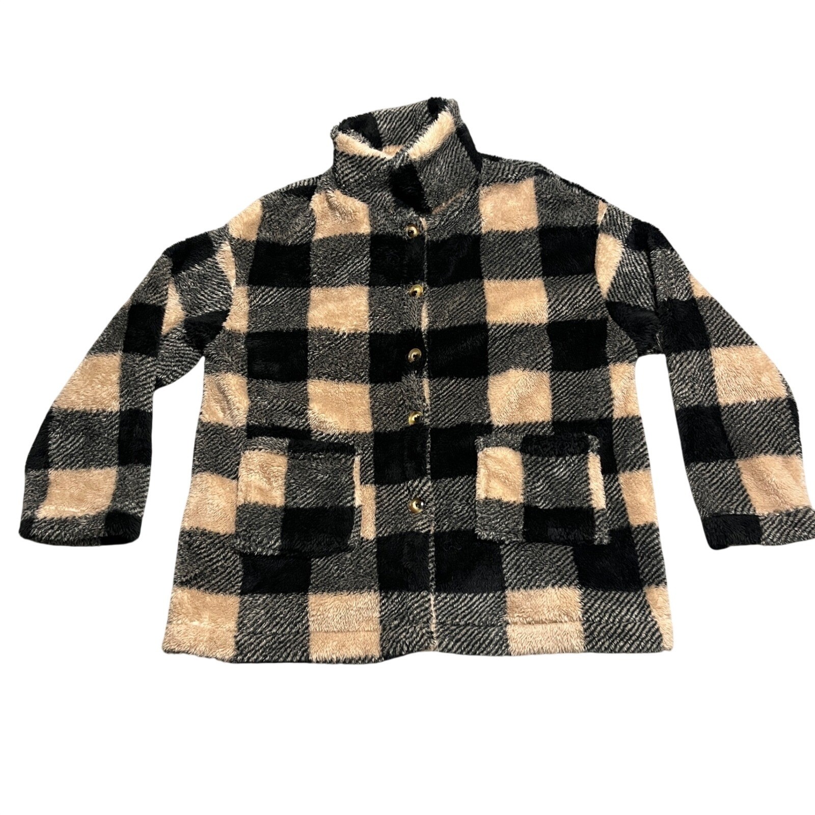 SHEIN Black Tan Buffalo Check Fleece Fuzzy Jacket Neck Button Size Large
