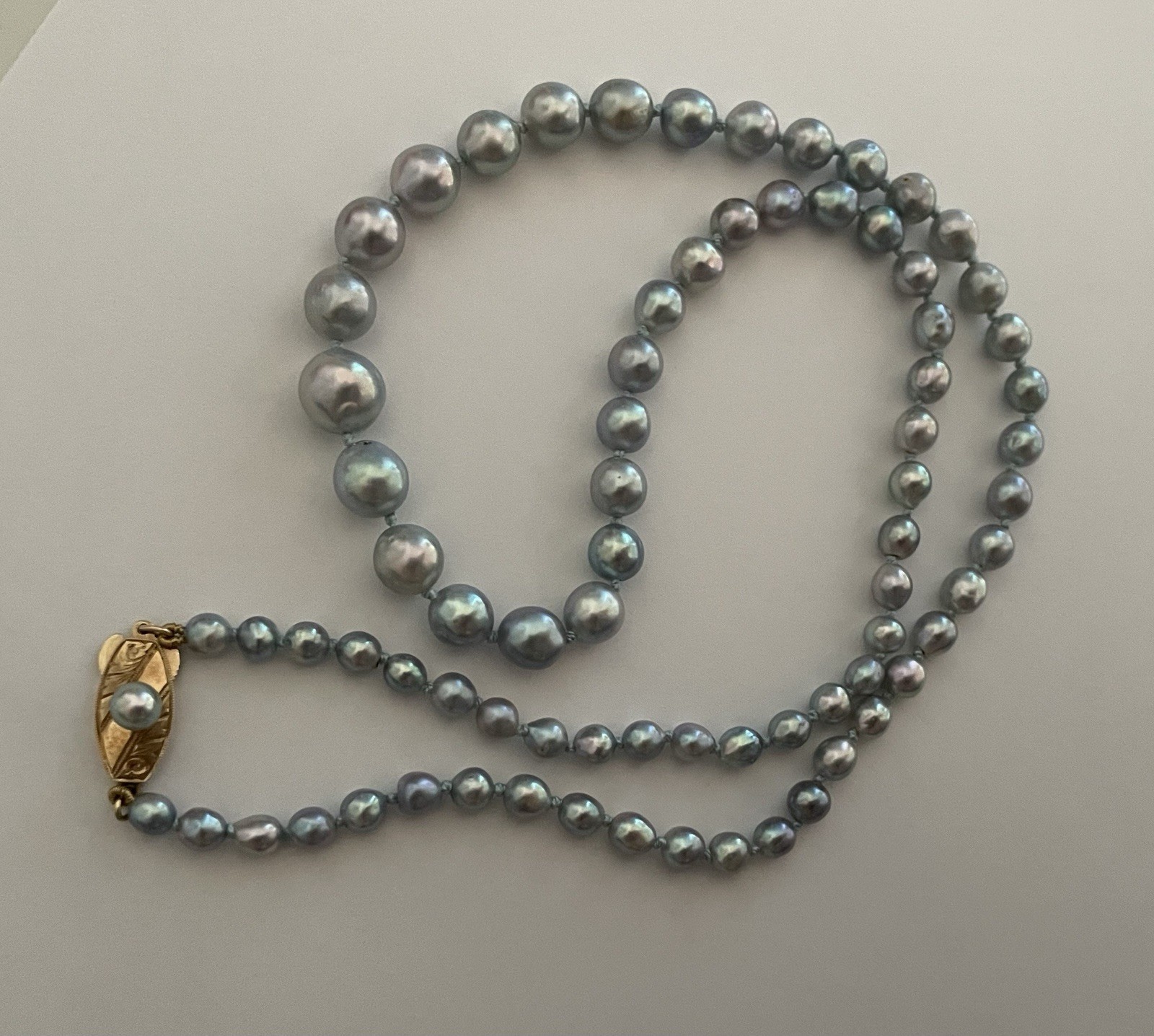 Blue Akoya Cultured Pearls; 4-8.5mm 14k Gold Clasp Necklace Rare Collectors Item