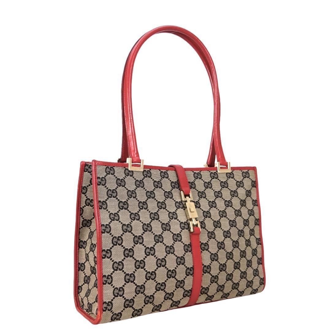 GUCCI Jackie GG Canvas Tote Shoulder Bag Beige Black Red Leather Vintage Japan