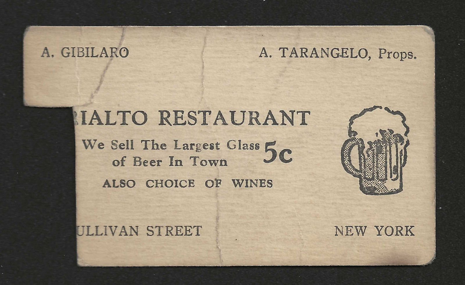 Vtg 1930s Rialto Restaurant Greenwich Village NYC Card 5c Glass Of Beer Bar