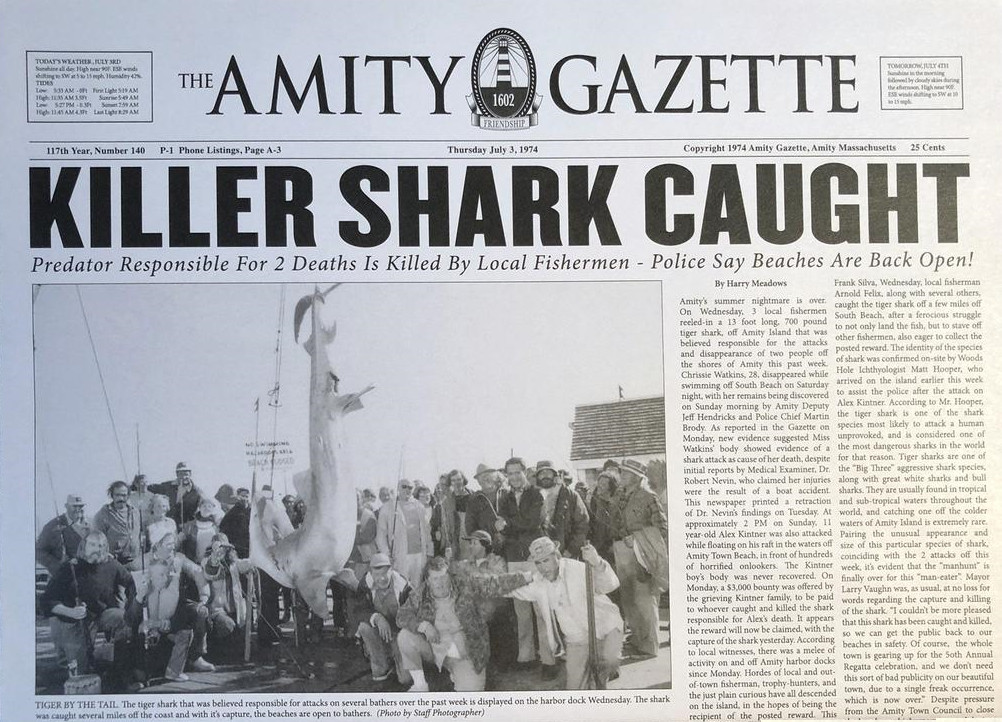 1975 Jaws Amity Island Gazette Killer Shark Caught Print Great White Shark🦈
