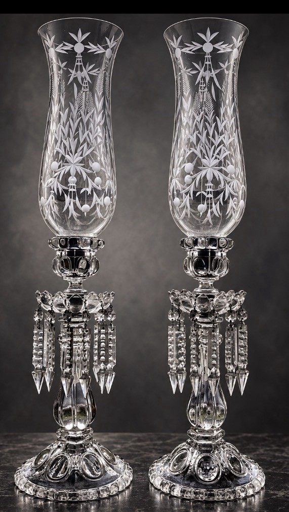 Pair Antique Baccarat Medallion Crystal Hurricane Luster Candlesticks 24\