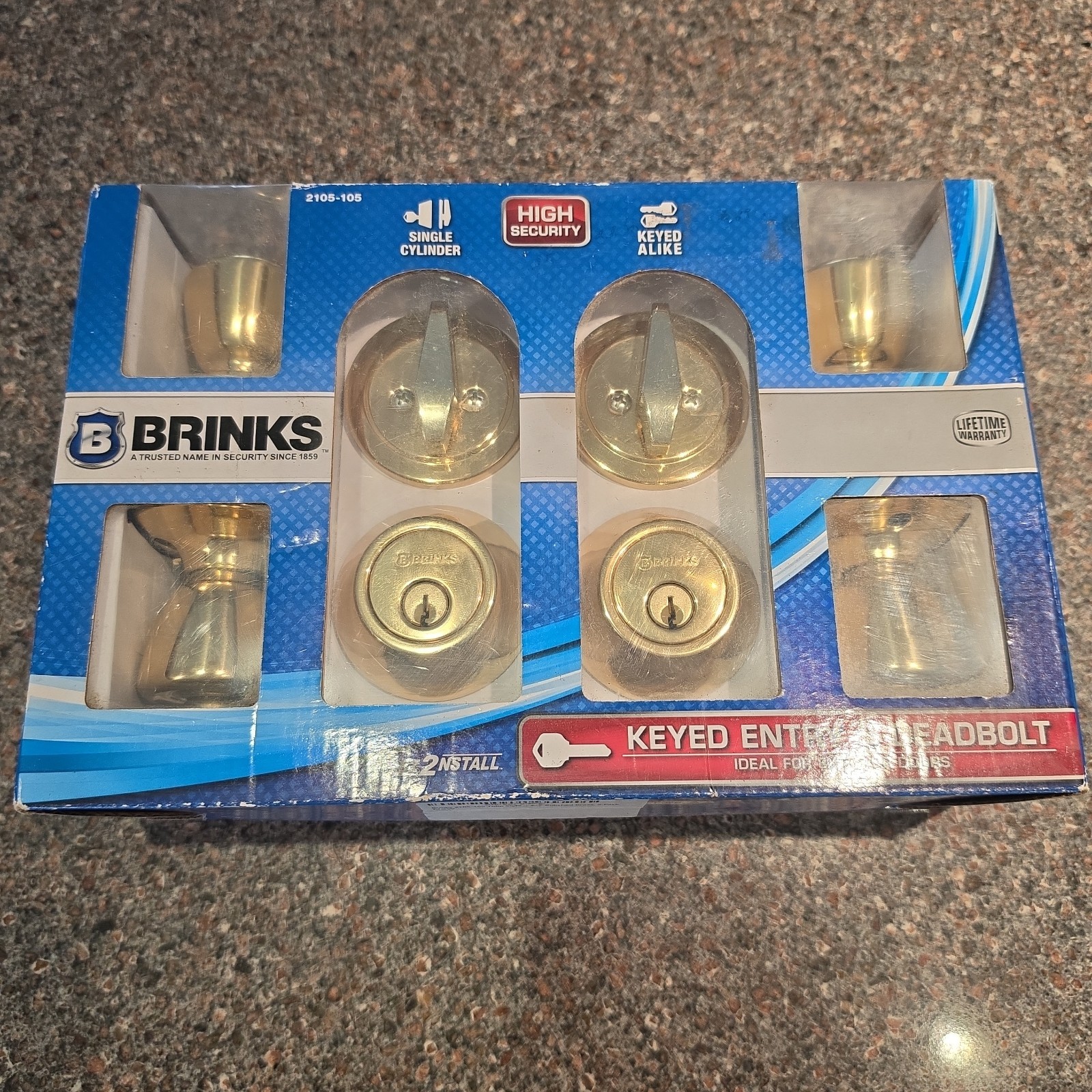 2 NEW Brinks Keyed Entry Door Set Tulip Knob & Deadbolt 2105-105 Polished Brass