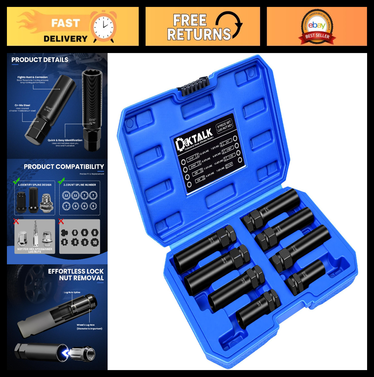 8PCS Universal Spline Lug Nut Socket Set - Wheel Lock Removal Tool & Key Kit 5/6 8PCS Universal Spline Lug Nut Socket Set - Wheel Lock Removal Tool & Key Kit 5/6