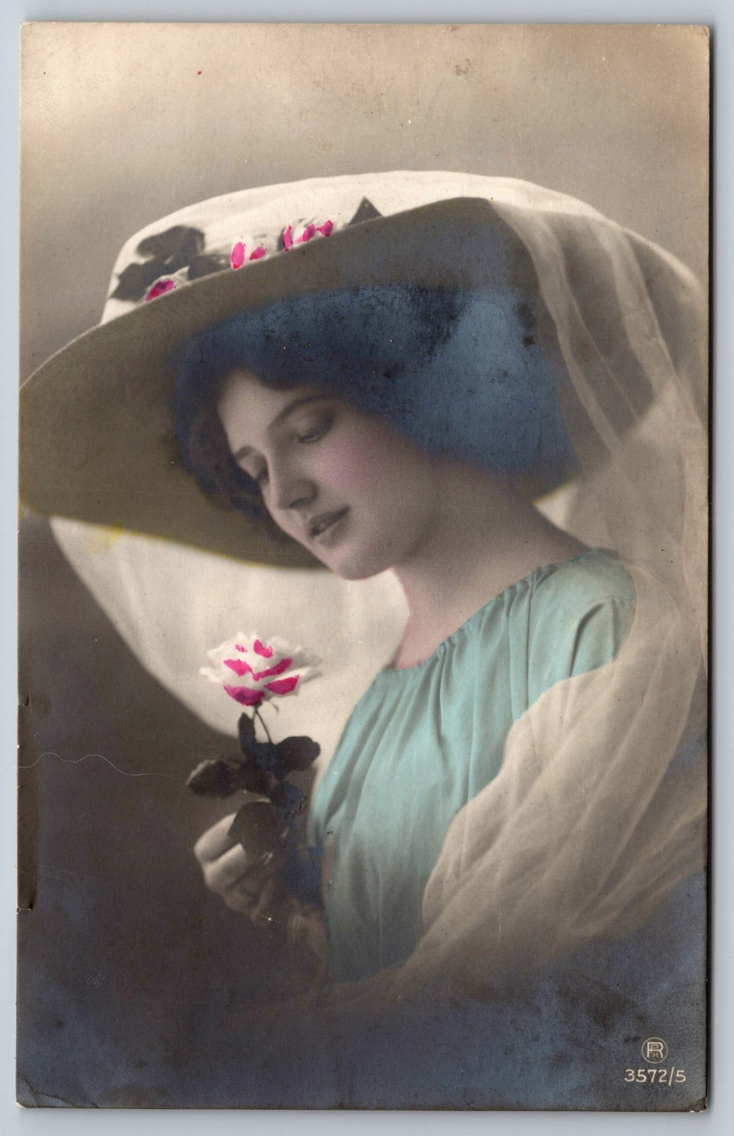 RPPC Elegant Young Woman Portrait Beautiful Large Fashion Hat Postcard Colored