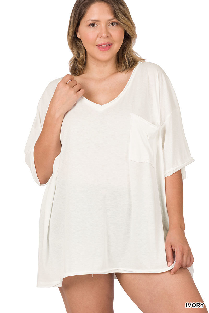 Plus Size Women Zenana V Neck Boyfriend Raw Hem T Shirt Front Pocket Top 1X - 3X Plus Size Women Zenana V Neck Boyfriend Raw Hem T Shirt Front Pocket Top 1X - 3X