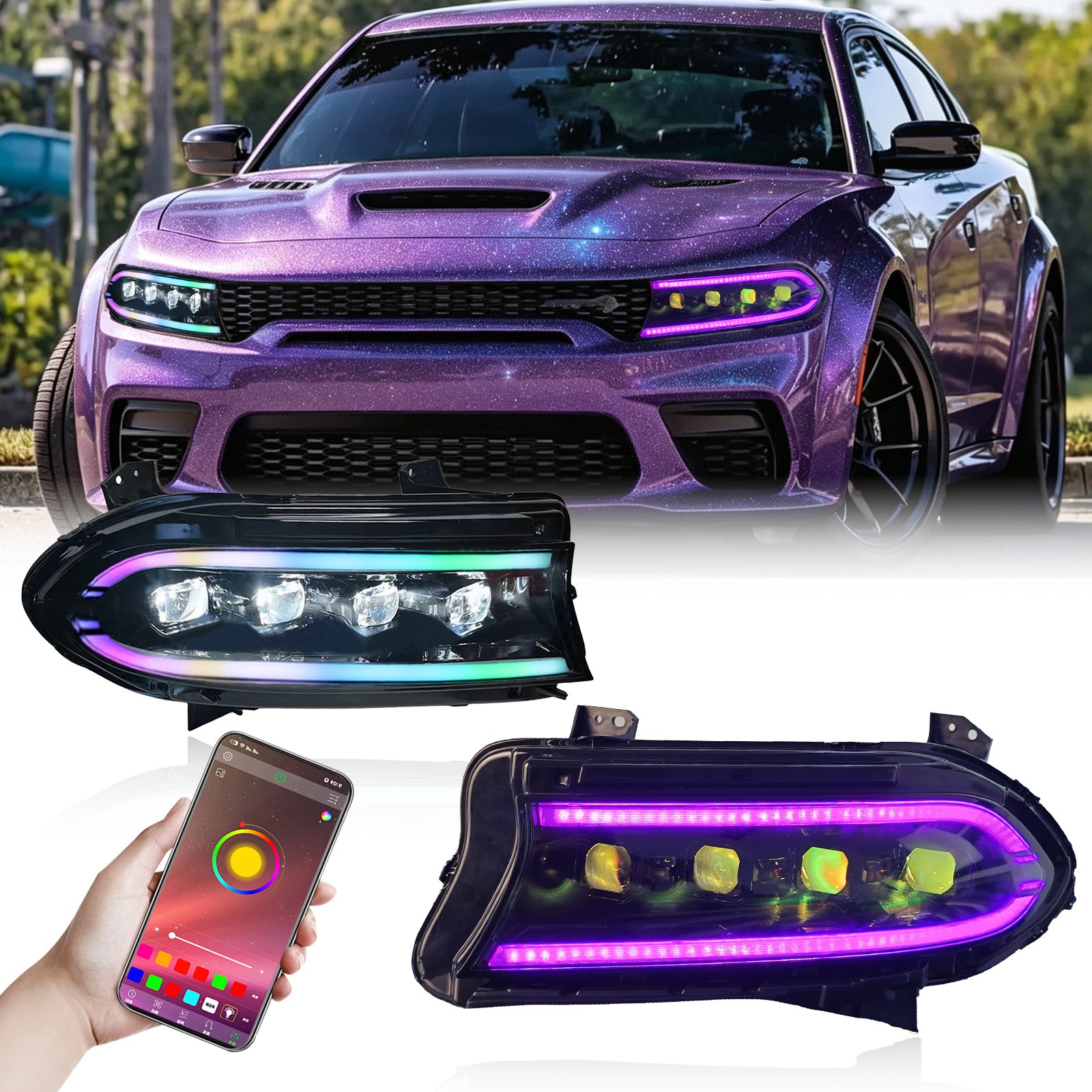 4 Bulbs Full RGB Headlights For 2015-2023 Dodge Charger 2016 Facelift SINDAR