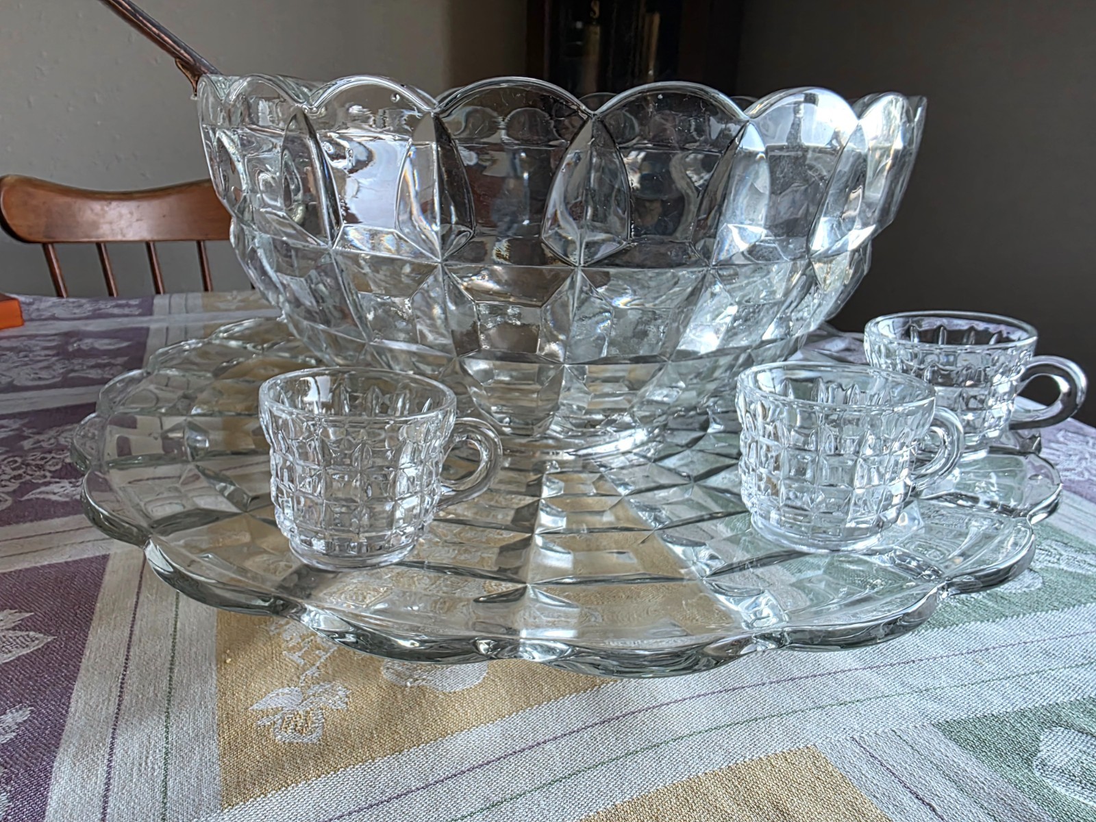 vintage Fostoria American square diamond punch bowl set. 12 cups, 21\