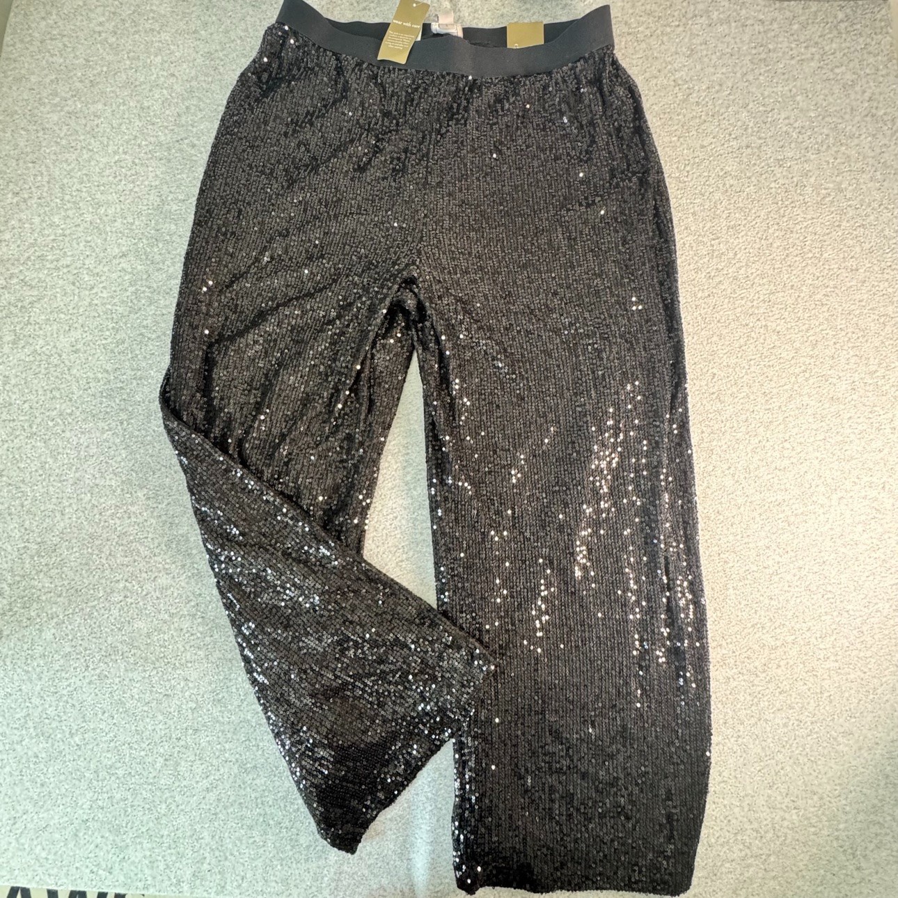 Chico\'s Black Sequin Wide Leg Pants Elastic Waist Evening Party L