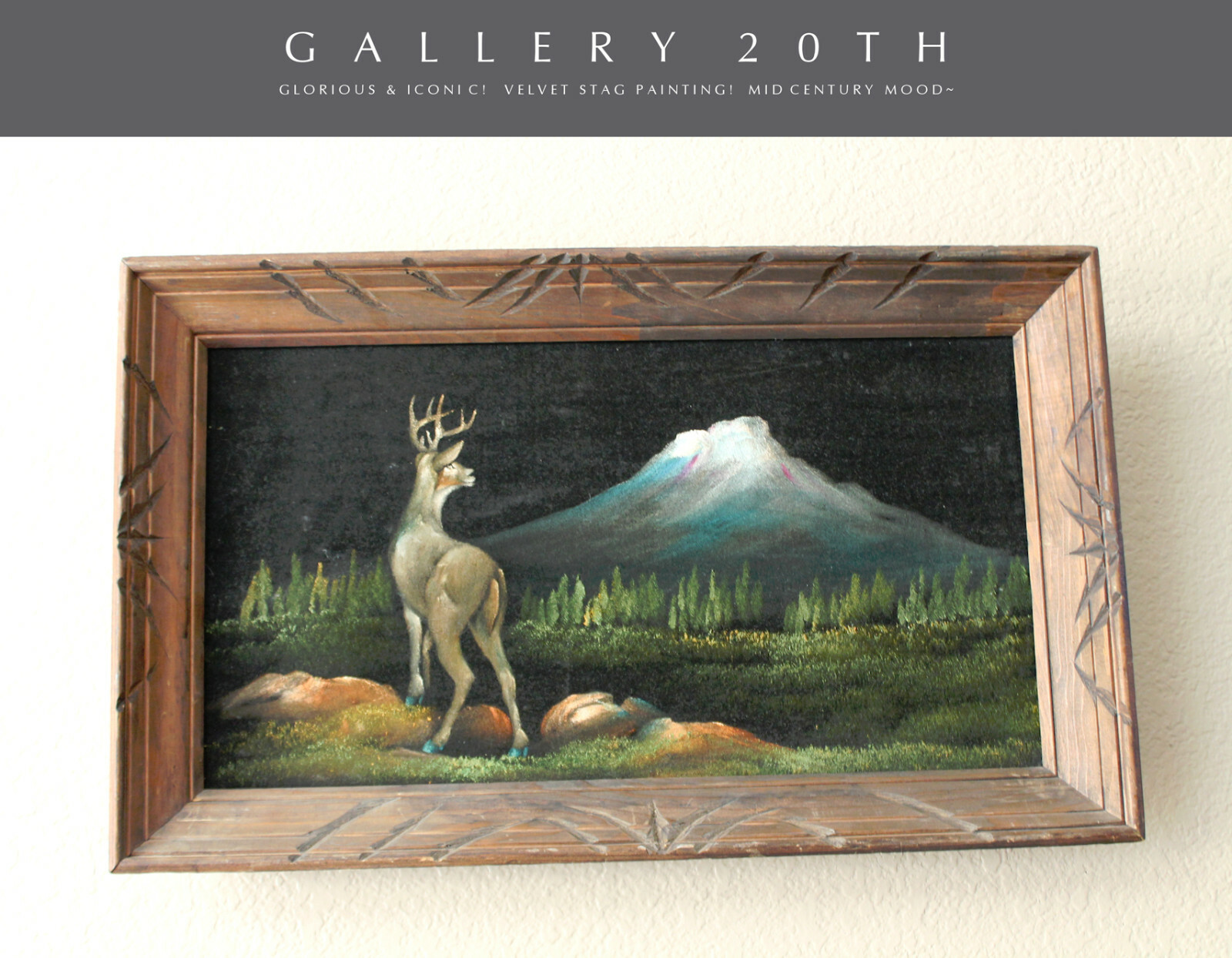 BEAUTIFUL MID CENTURY STAG VELVET PAINTING WALL ART VTG DEER FOREST VTG 60S 50S