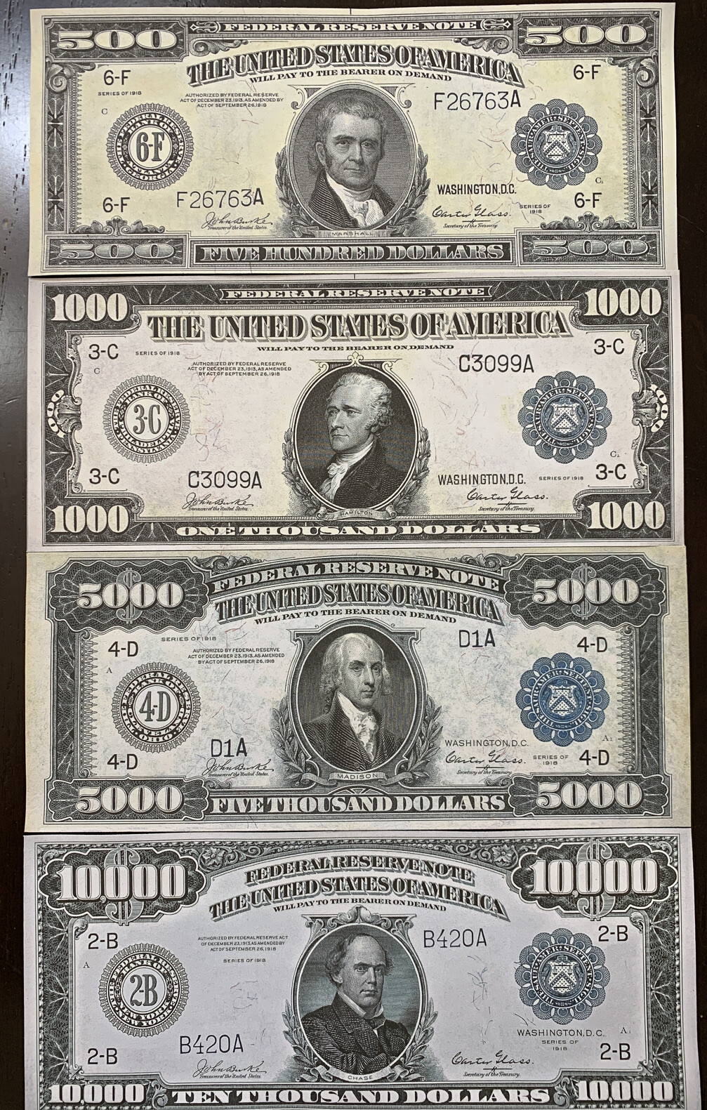 Reproduction Set 1918 Fed Reserve Notes $500 $1000 $5000 $10000 See Description
