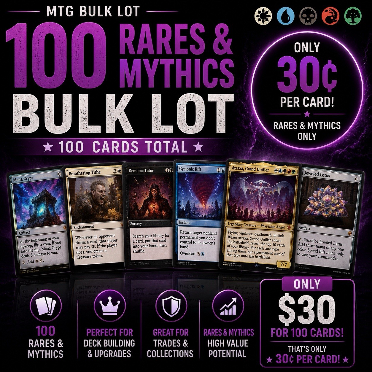 MTG 100 Card Bulk Lot - 100  Magic: The Gathering Rares/Mythics