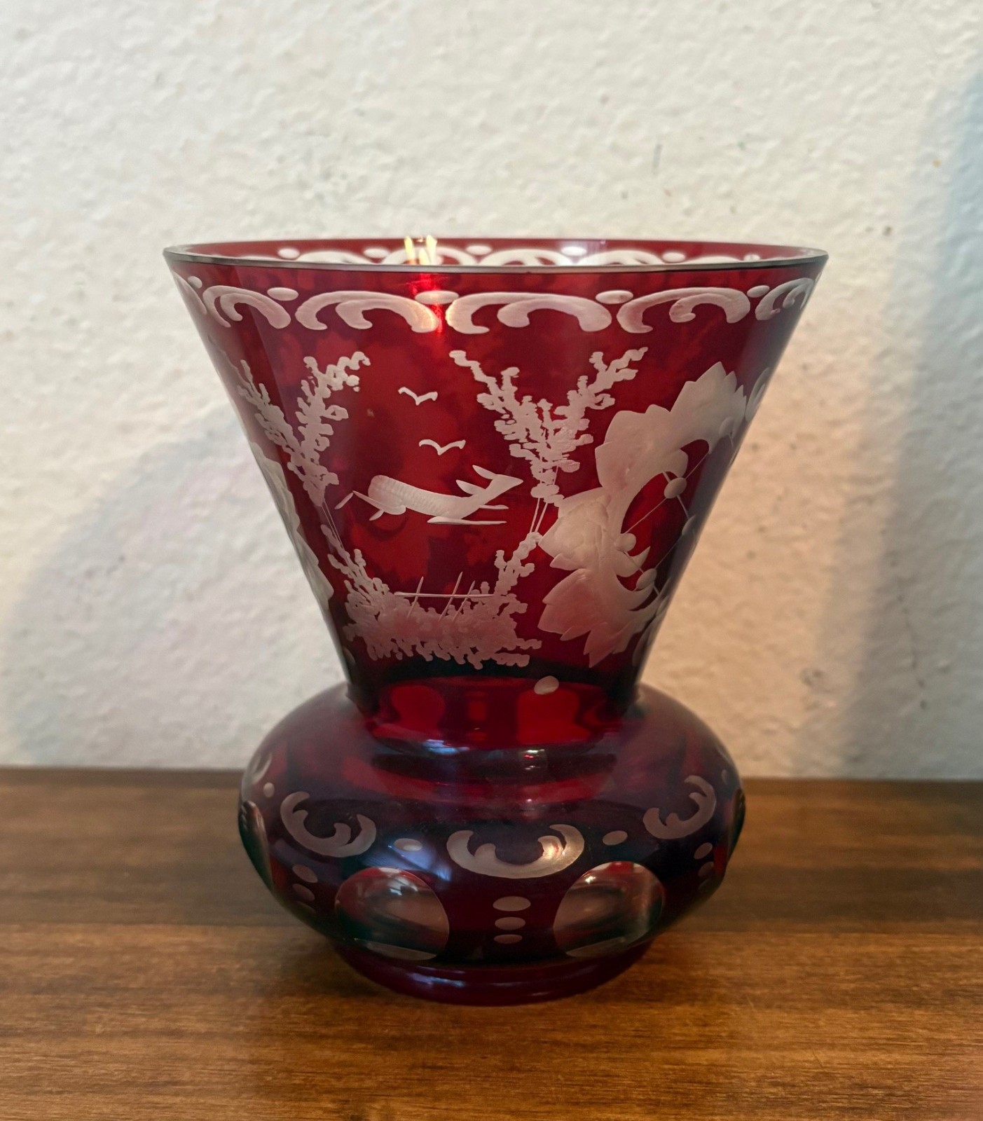 Antique Vintage Bohemian Cut to Clear Ruby Red Cranberry Glass Crystal Vase, 5