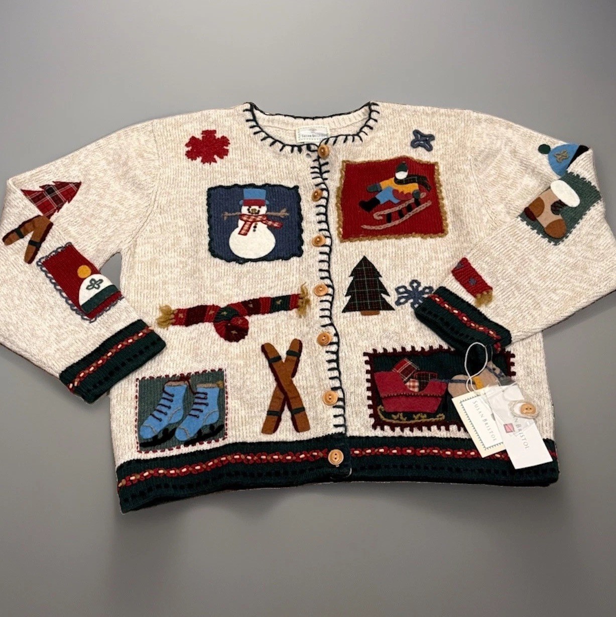 New Susan Bristol Winter Holidays Appliqued Beaded Granny Cardigan LG Vintage New Susan Bristol Winter Holidays Appliqued Beaded Granny Cardigan LG Vintage