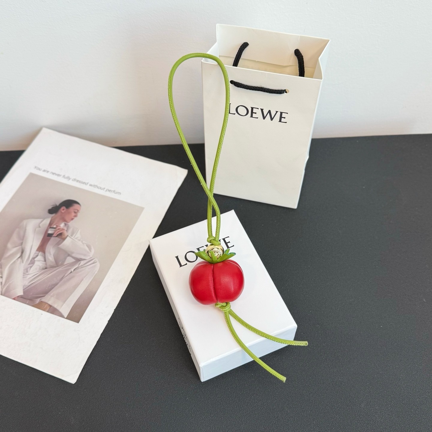 Loewe Tomato Bag Charm Red Genuine Leather Pendant Gold Anagram Hardware New