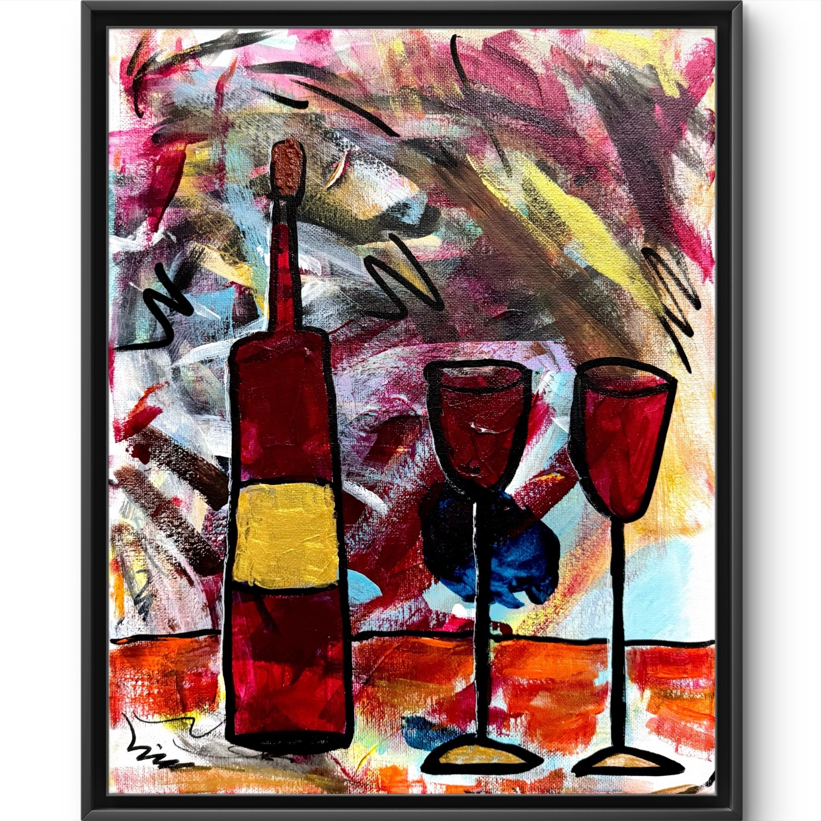 Rutenberg Original 11x14 Abstract Wine Bottle Glasses Painting Signed Canvas