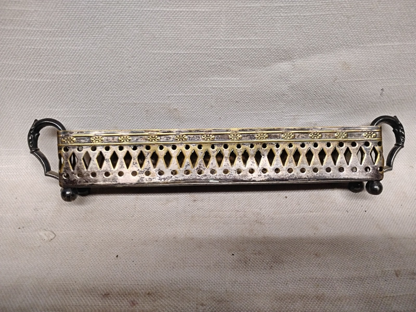 Silver Brass Desktop Pen Holder Footed Basket with Handles marked w/ symbol 5