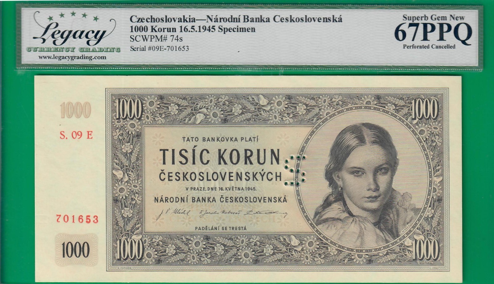 Czechoslovakia 1000 korun 1945, P74s, Legacy Superb New *67* PPQ, Top grade@ebay