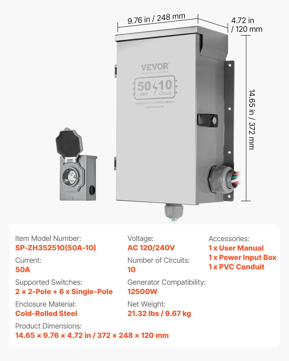 VEVOR Manual Transfer Switch 50A Generator Switch Kit NEMA 3R 12500W 120/240V