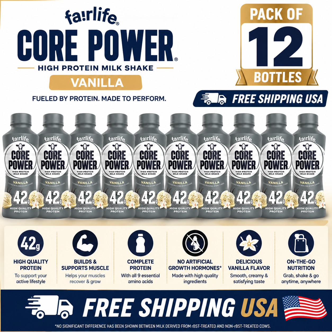 Core Power Elite High Protein Shake, Vanilla, 42g Bottle, 14oz, 12 Pack