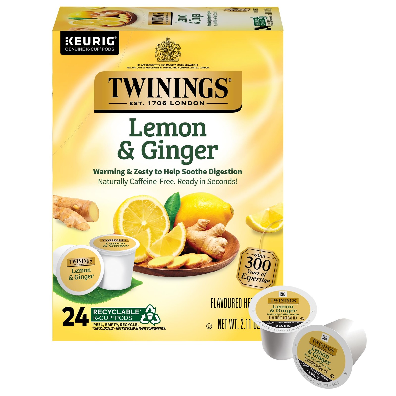 Twinings Lemon & Ginger Herbal Tea K-Cup Pods for 24 Count (Pack of 1),