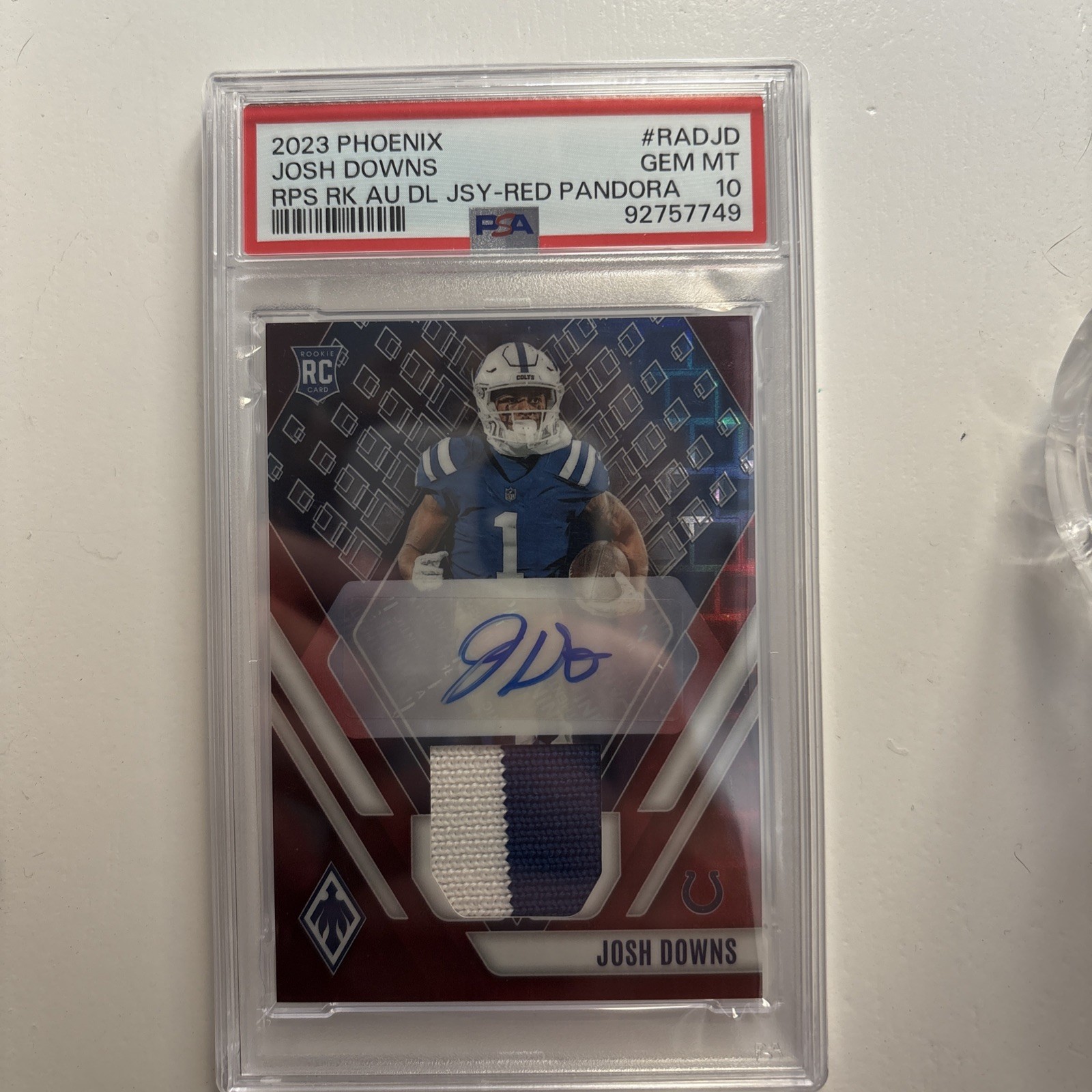 2023 Panini Phoenix Josh Downs RPS Rookie Auto Jersey Red Pandora /25 PSA 10