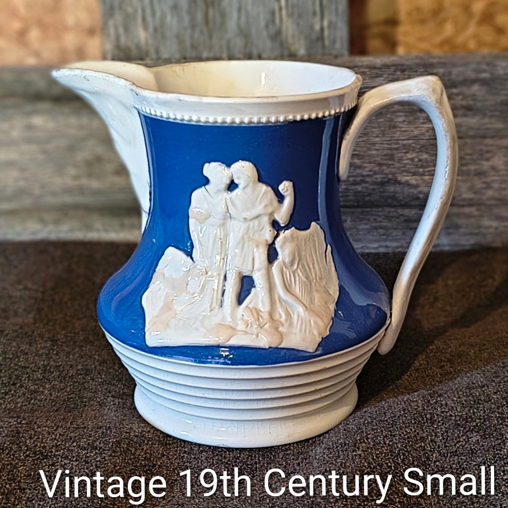 English 19th Century Blue & White Relief-Molded Stoneware Jug w/ Handle English 19th Century Blue & White Relief-Molded Stoneware Jug w/ Handle