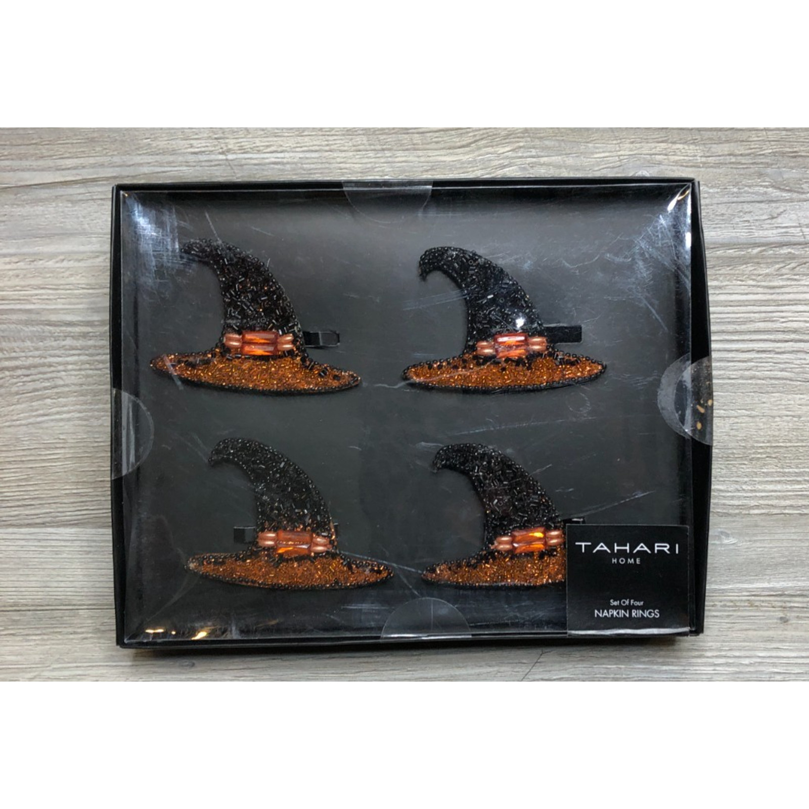 New Black TAHARI Halloween Witch\'s Hats Beaded Napkin Rings Set Of 4 New Black TAHARI Halloween Witch\'s Hats Beaded Napkin Rings Set Of 4