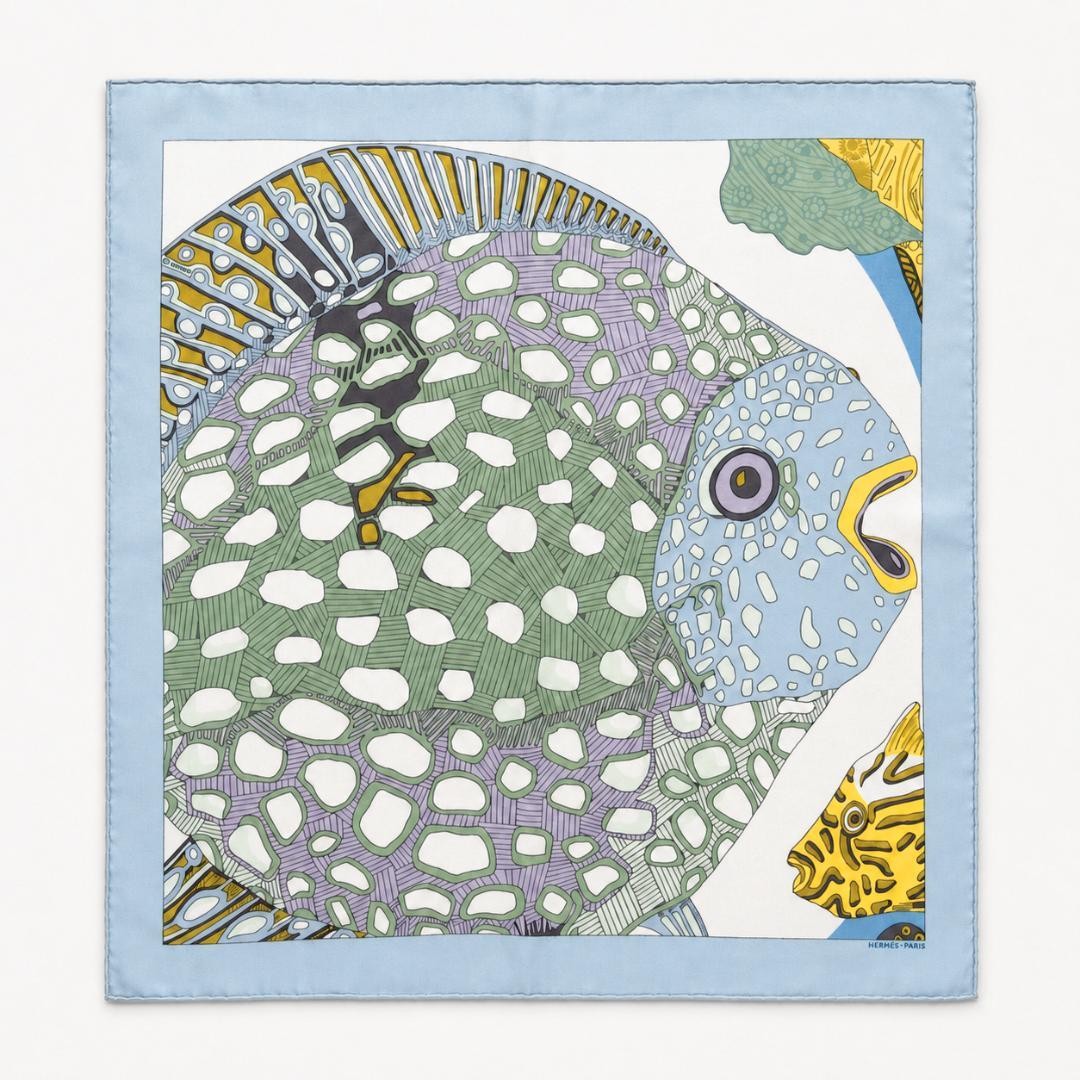 HERMES Petit Carre 40 Grands Fonds Vintage Silk Scarf Fish Design
