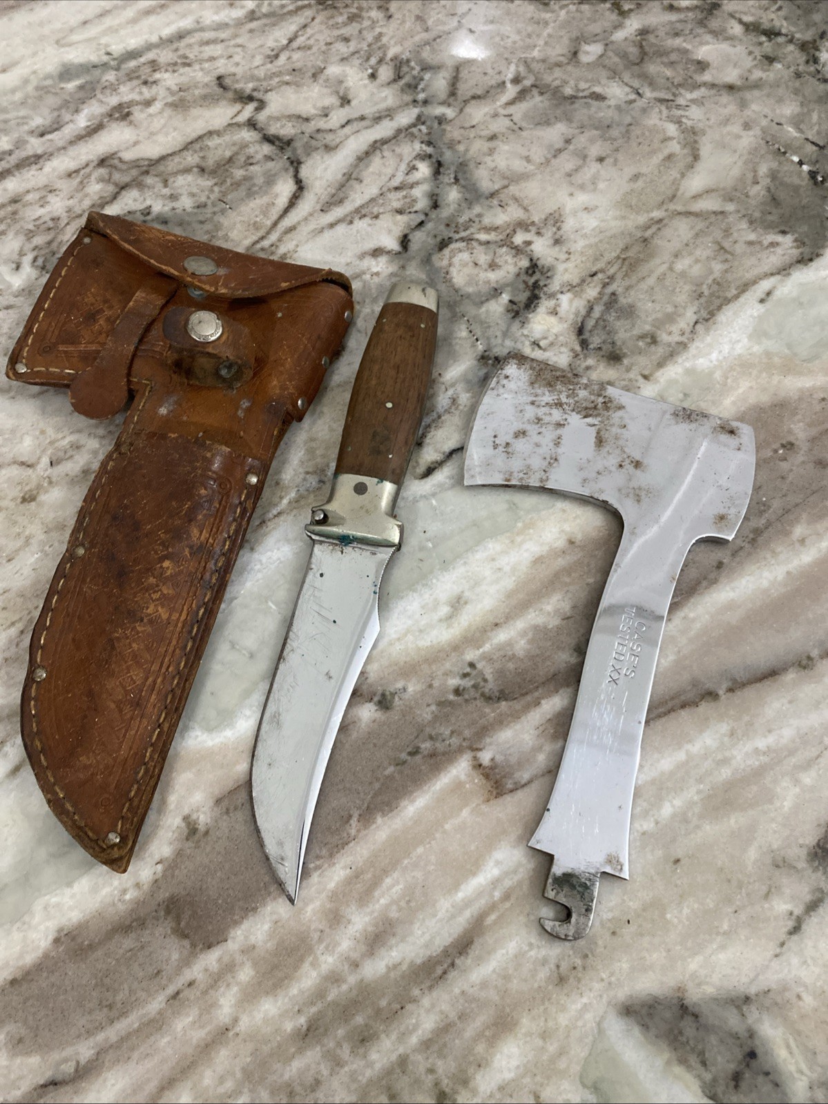 Vtg. Case Tested XX Knife w/Case XX Hatchet Set Leather Sheath Walnut Handle Vtg. Case Tested XX Knife w/Case XX Hatchet Set Leather Sheath Walnut Handle