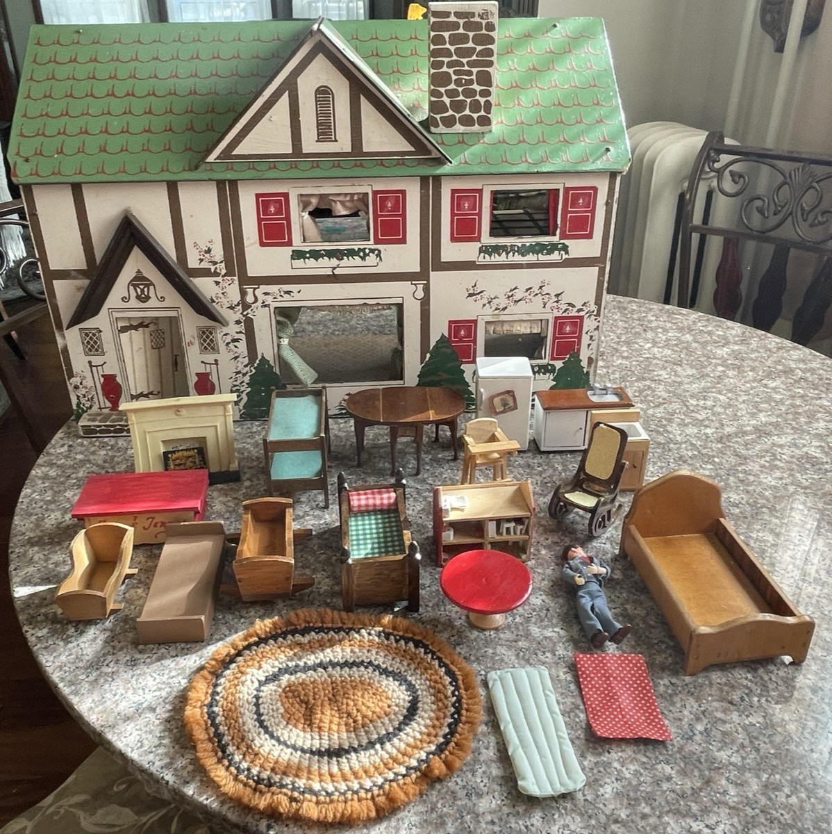 Vintage Rich Tudor Masonite Dollhouse 1940's with Doll & Furniture *NOTE Vintage Rich Tudor Masonite Dollhouse 1940's with Doll & Furniture *NOTE