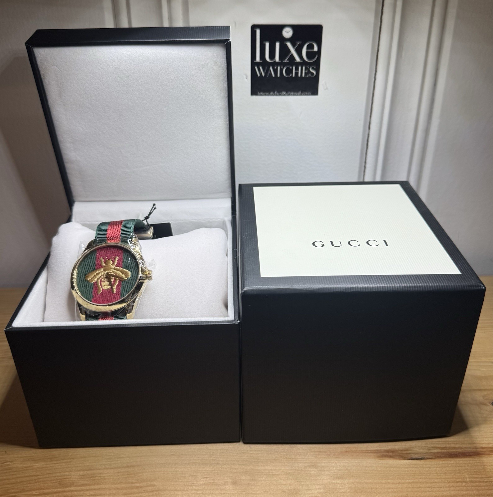 Gucci G-Timeless Yellow Gold PVD Green/Red Nylon Strap Unisex Watch YA126487B