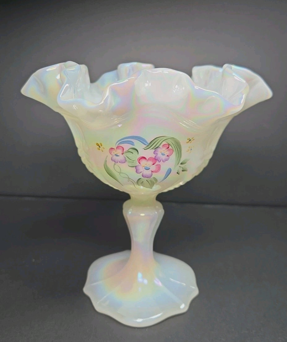 Vintage Fenton Glass White Opalescent Hearts & Flowers Compote Artist Signed 6\