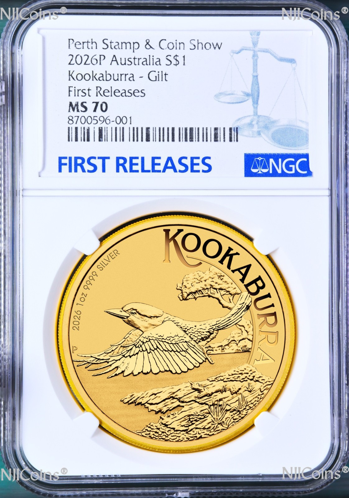 2026 PERTH STAMP & COIN SHOW Kookaburra 1oz .9999 Silver $1 Gilt Coin MS70
