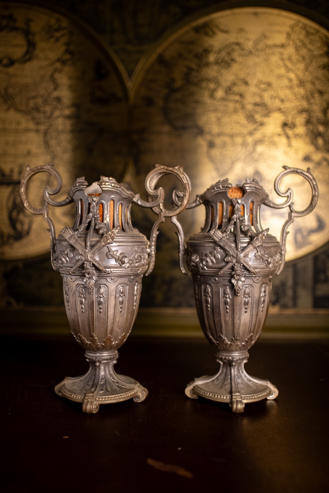 Antique Pair French Spelter Garniture Urns Vases Ornate Neoclassical 11.5 Antique Pair French Spelter Garniture Urns Vases Ornate Neoclassical 11.5