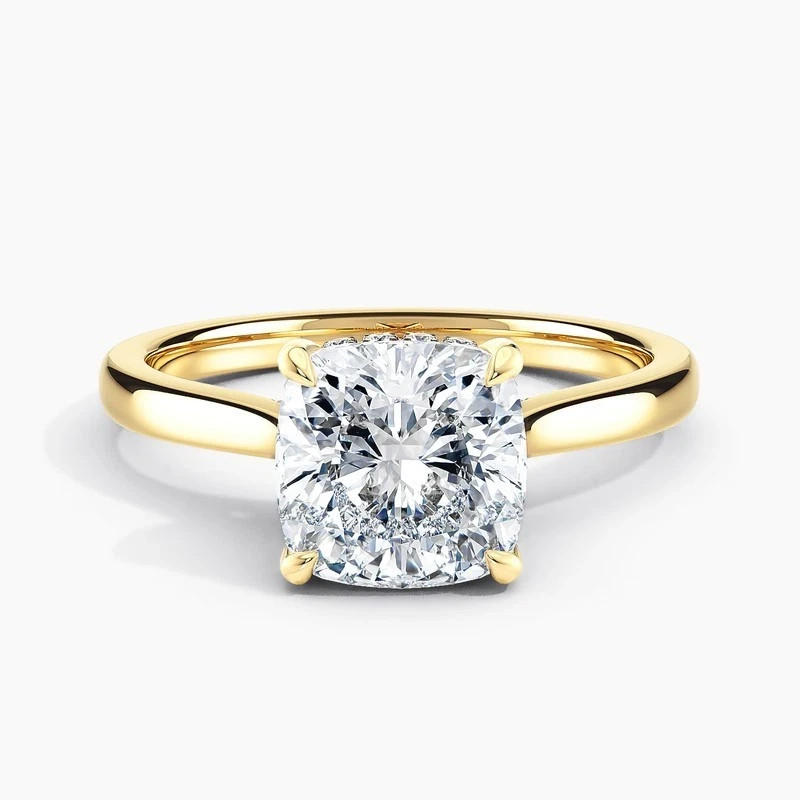 2 Ct Cushion Cut Lab Grown Diamond Hidden Halo Engagement Ring 14k Yellow Gold