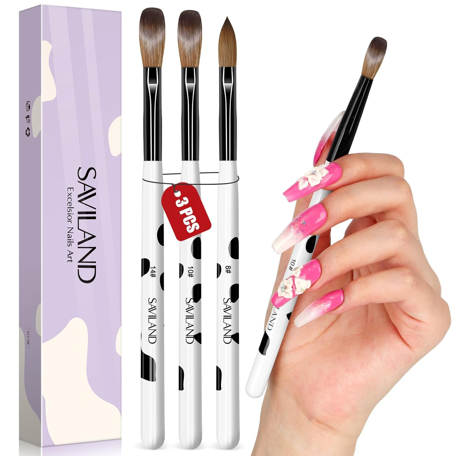 SAVILAND 3PCS Acrylic Nail Brush Set Size 8/10/14 Black & White