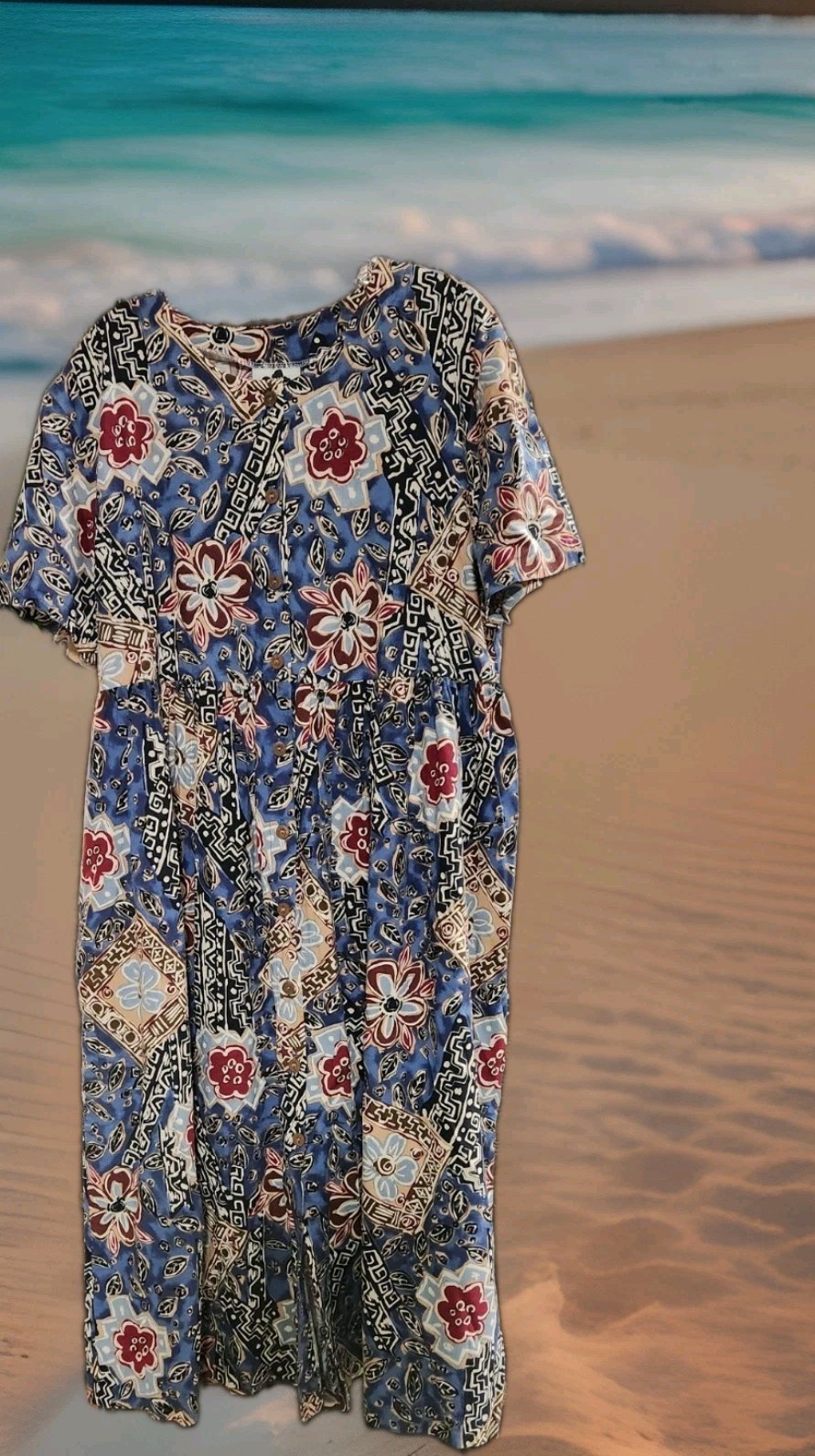 Hilo Hattie Hawaii House Dress XL Hawaiian Mumu Button Front Blue Red Vintage