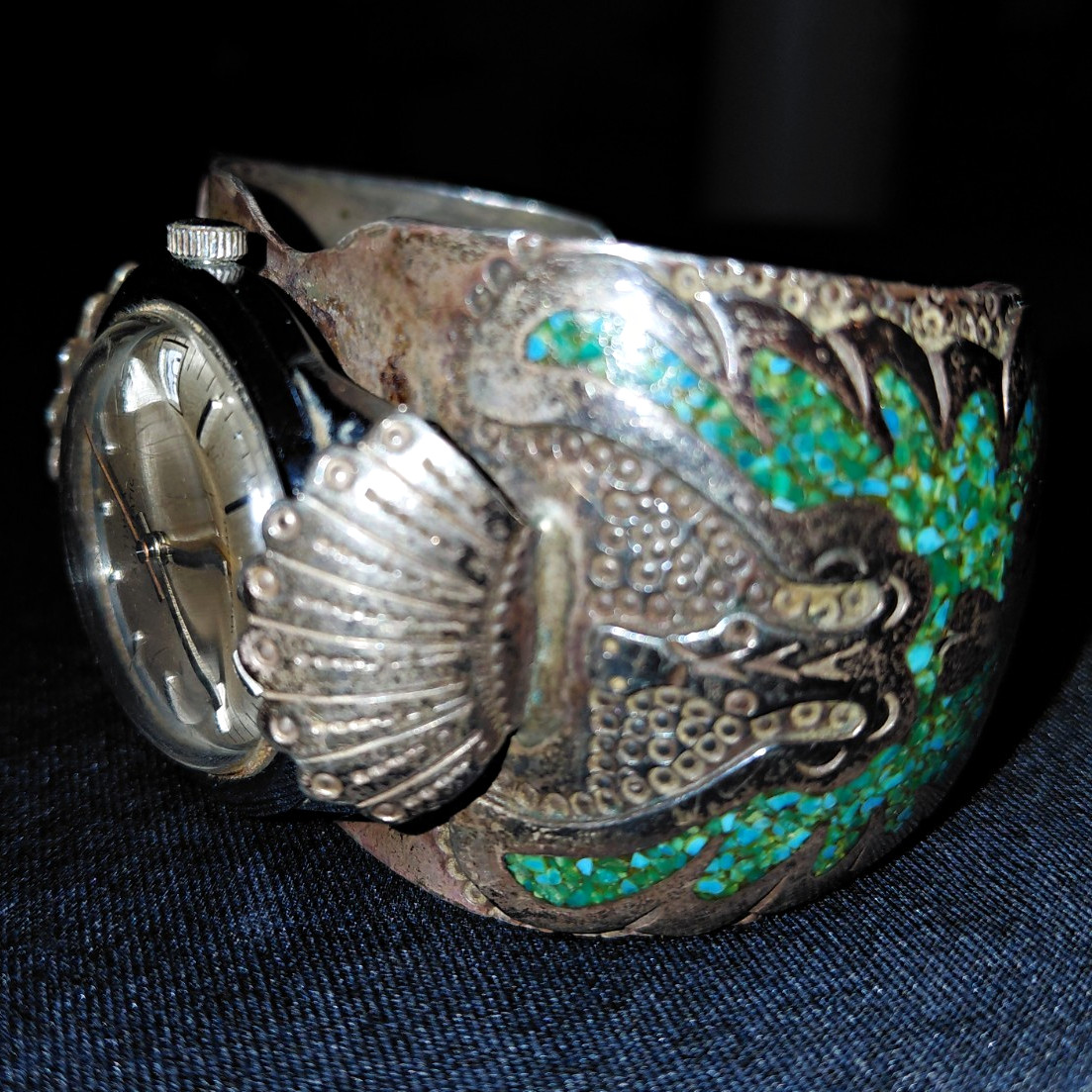 Vintage Native American Peyote Bird Silver Watch Cuff  1979TIMEX Automatic