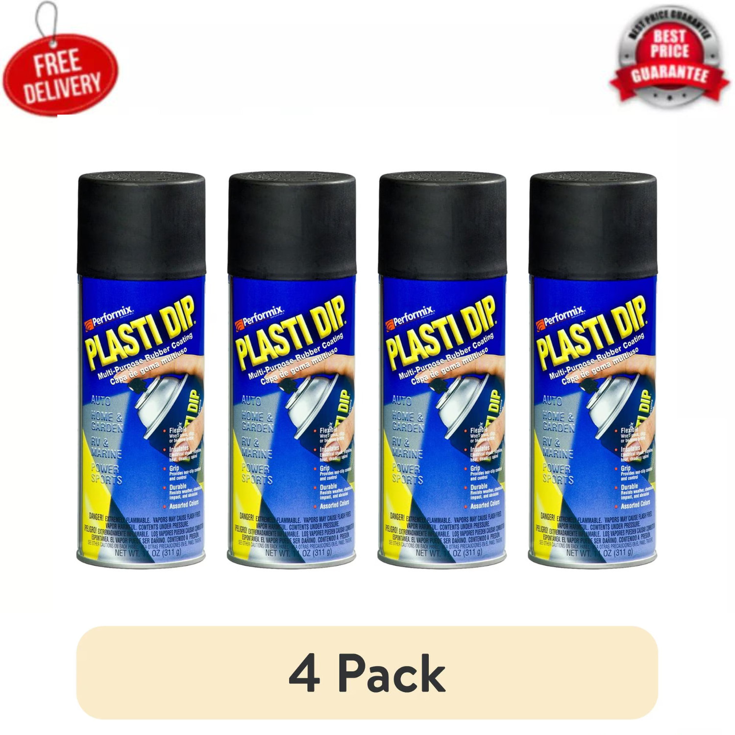 (4 pack) Plasti Dip Rubberized Matte Black Spray, 11oz