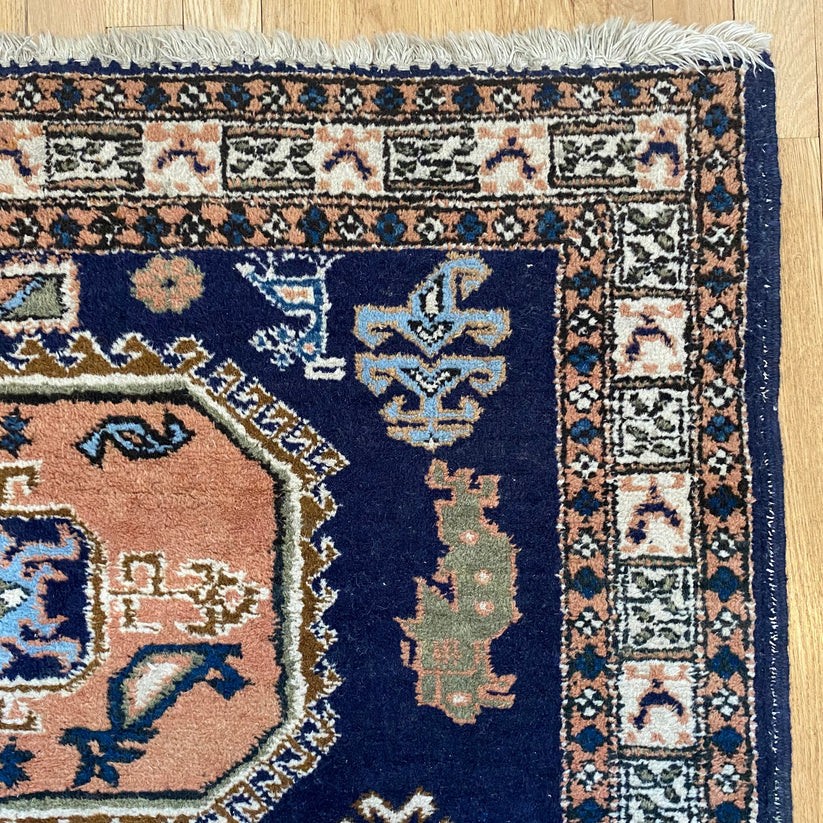 Vintage Rug 3\' 9 x 5\' 4 Blue Hand Knotted Tribal Wool Boho Oriental Rug