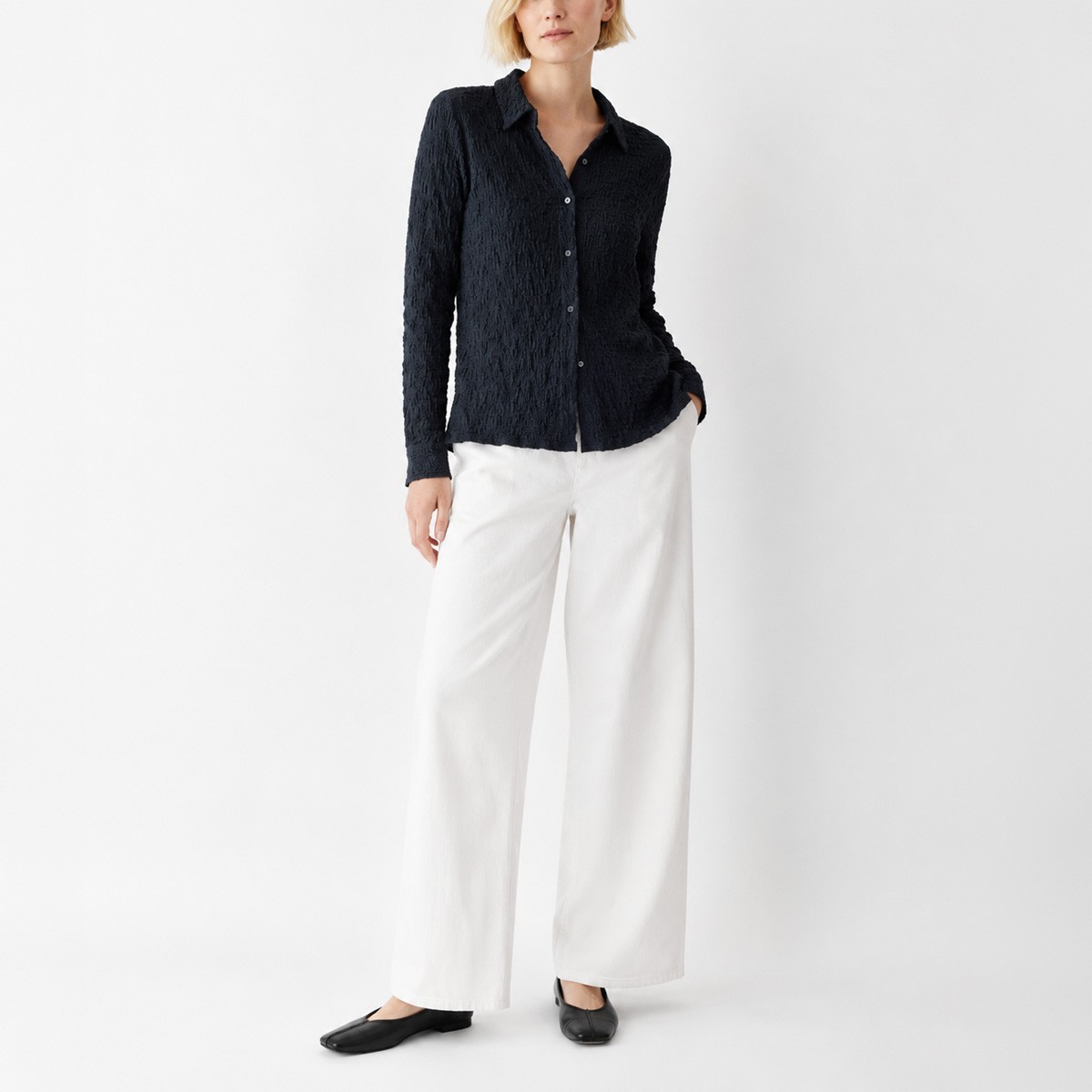 NWT Eileen Fisher Bubble Jacquard Classic Collar Shirt, Size PP-3X